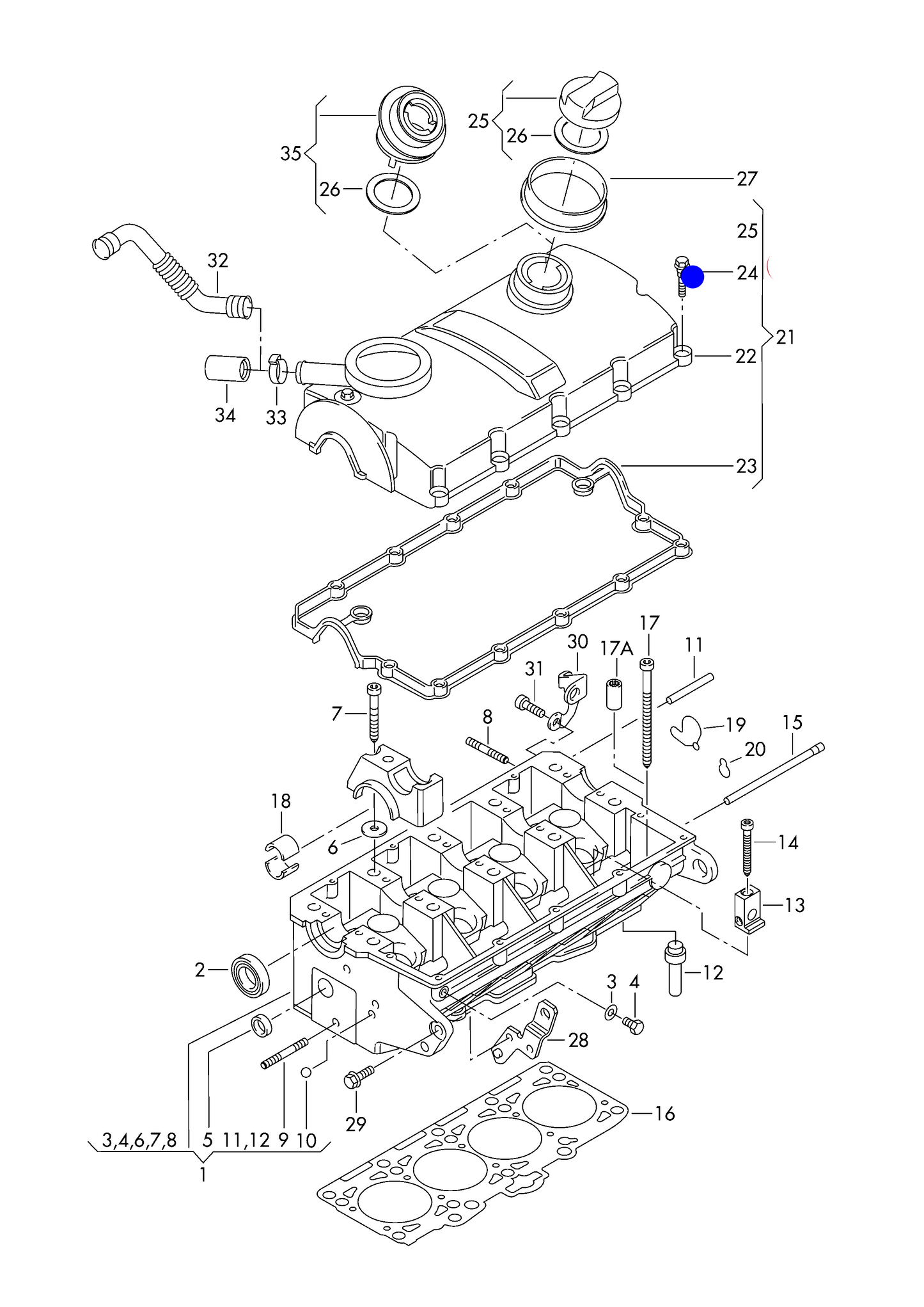 118172 Genuine Hexagon socket flat head bolt with guide sleeve 1.9tdi BRR,BRS (13x fitted to rocker cover)
