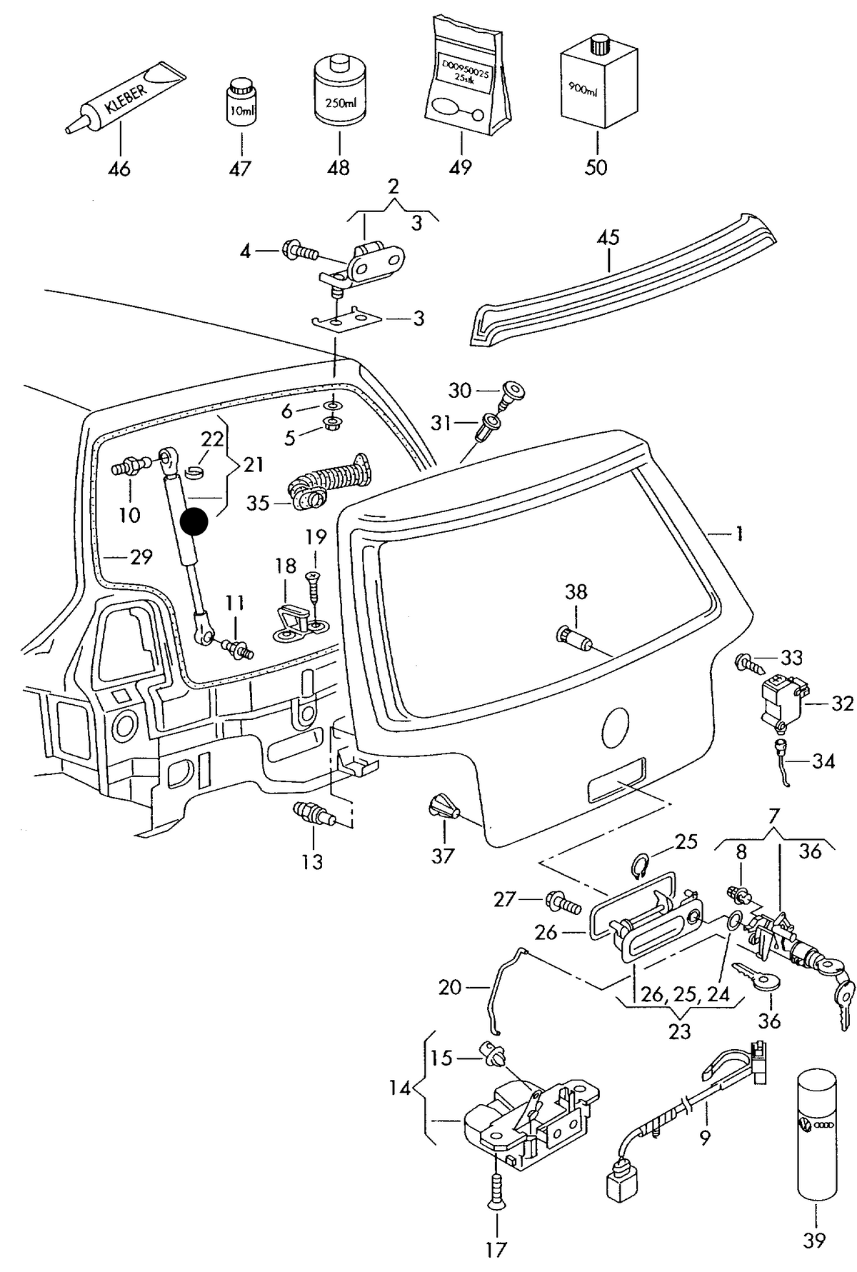 109902 Tailgate strut-500x205mm 500N Black VW 1998>2001