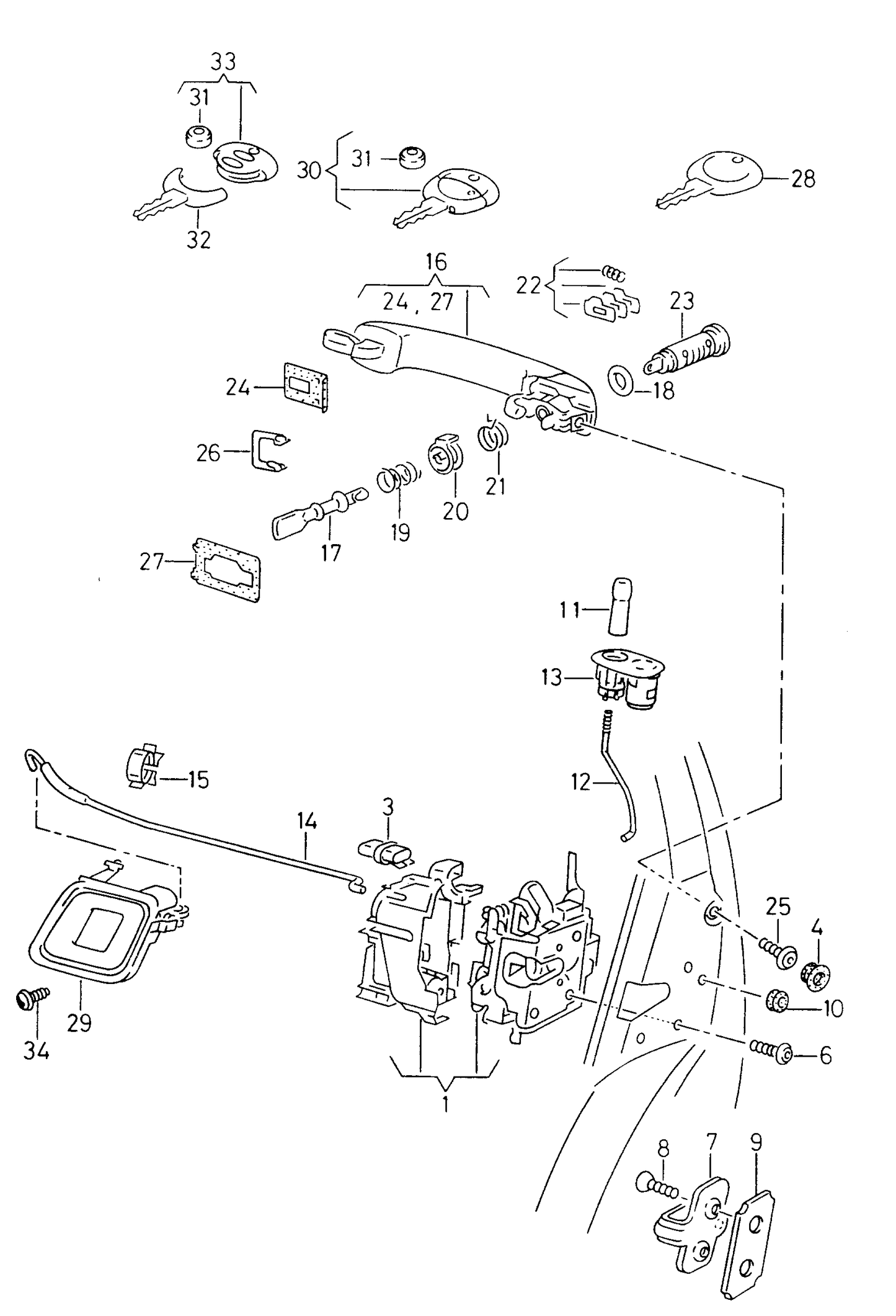 109720 Door Barrell Repair Kit lock cylinder for door handle without striker plate and key for locking numbers: 1001-2000,3001-4000,6001-7086, 8201-9282 System B 4/1997>