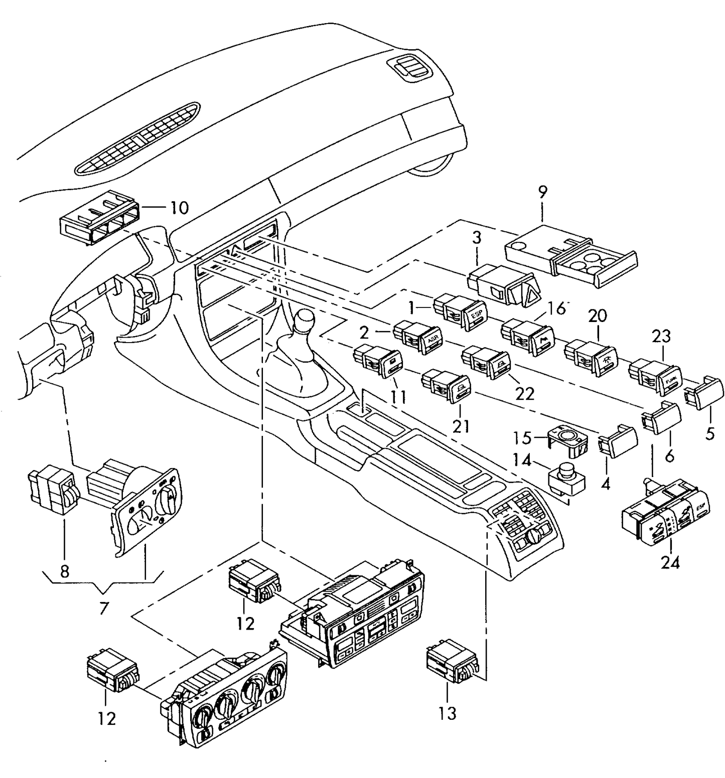 114742 Hazard light switch A6/RS6Q/All road 98>05 10-pin as fitted