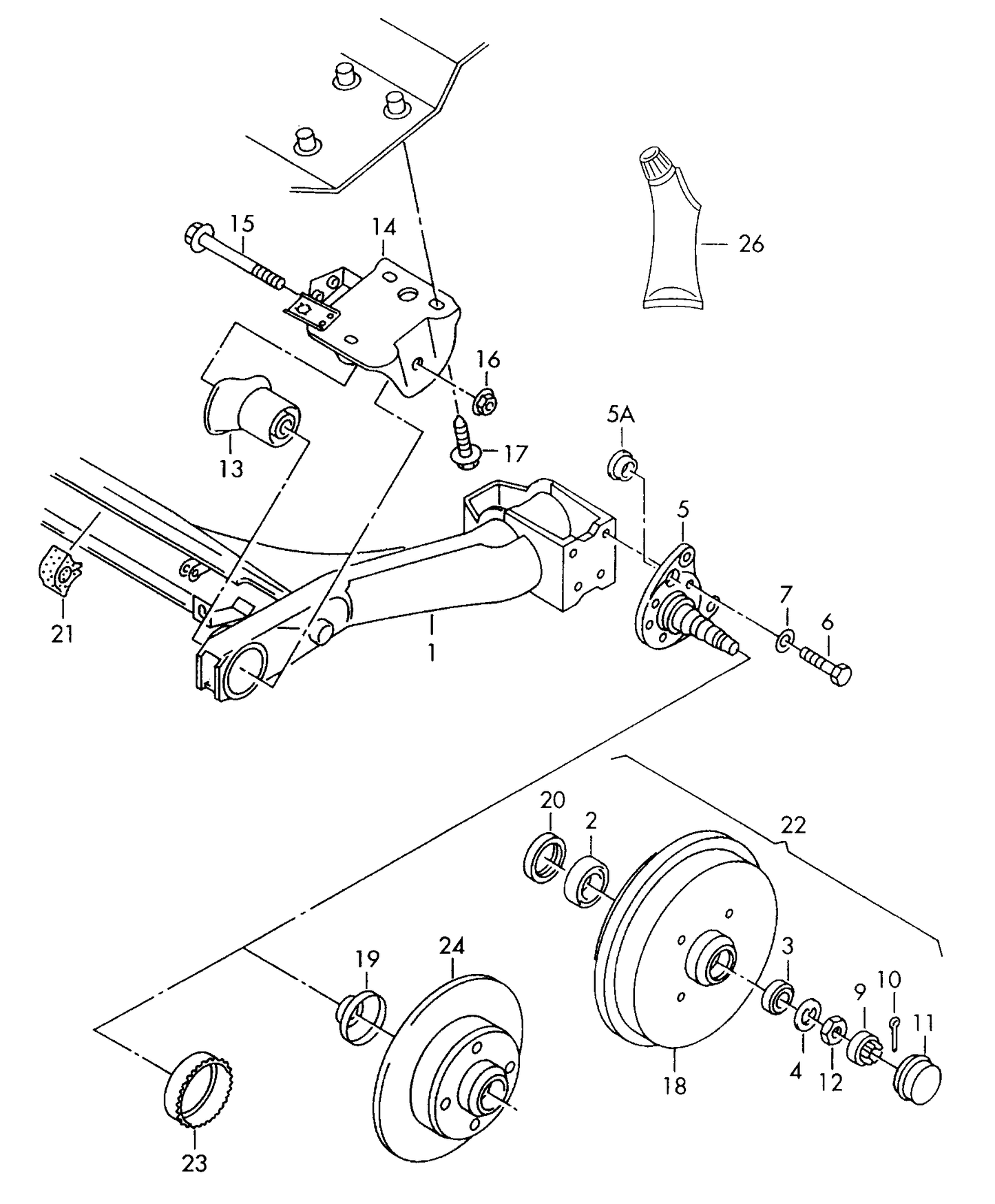 102819 Rear Stub Axle-Left Golf mk3 with Drum Brakes & ABS / Polo 6N F >> 6N-XY379 991 Drum brakes & abs