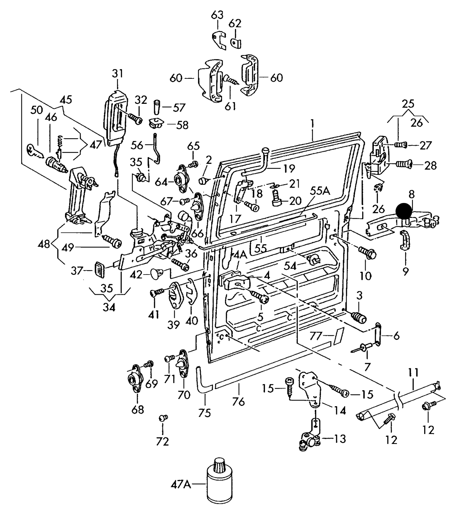 111461 Sliding door hinge. Fits offside (right) on T4s from 1991 to 2003