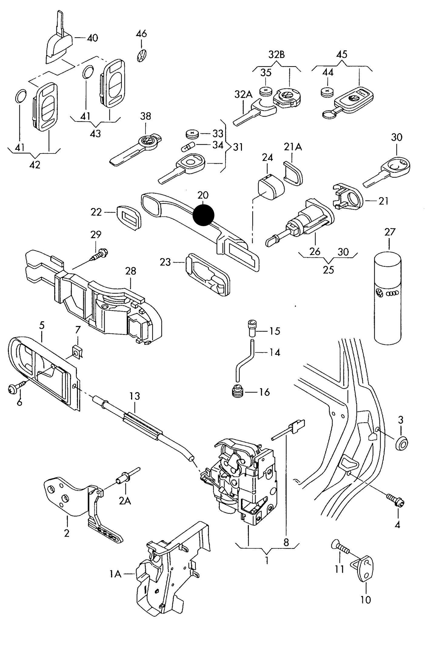 (item 20) 108865 Topran Bare NSF/OSF Outer Door handle 'Black' VW Golf mk4/Bora