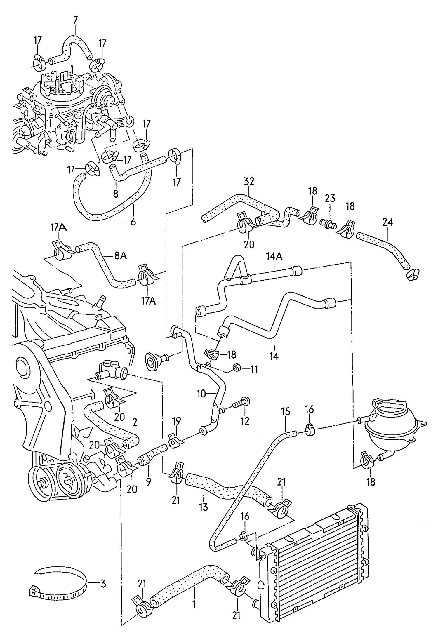 018-000 coolant hoses coolant pipe 	1.6/1.8ltr. Carburetor engine: EZ,GU,RF,RH, PN,ABN