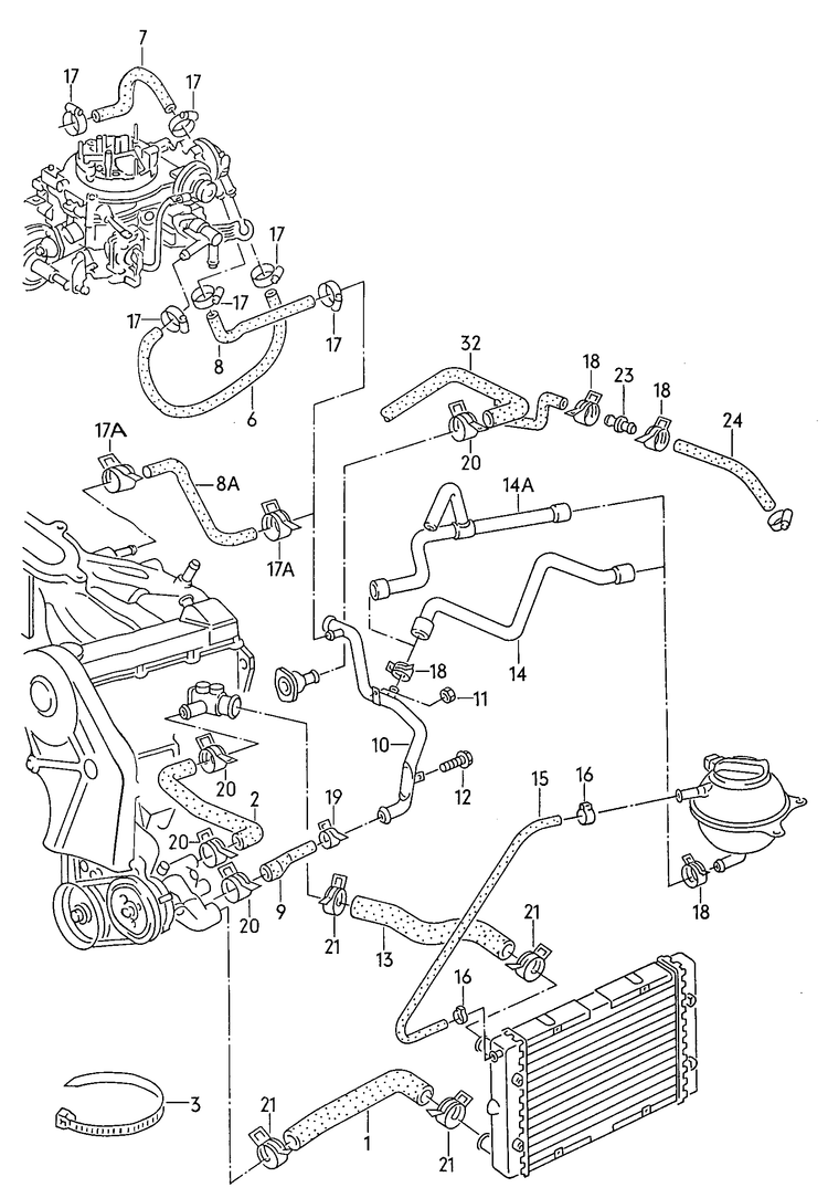 018-000 coolant hoses coolant pipe 	1.6/1.8ltr. Carburetor engine: EZ,GU,RF,RH, PN,ABN