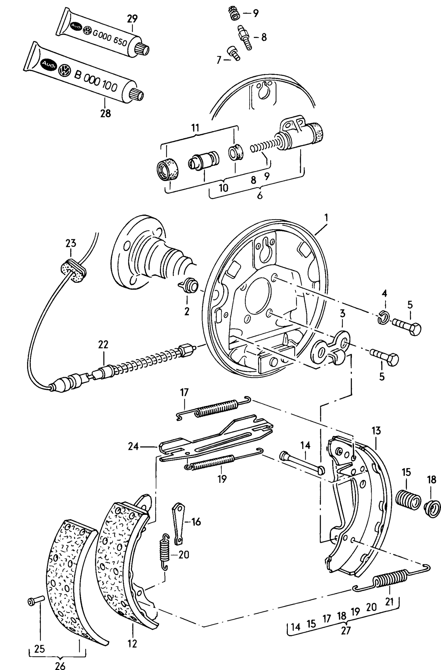 060-000 Audi 80 1987> Rear drum brake back plate wheel brake cylinder brake shoe with lining brake cable 80:JK,JN,JV, NE,PM,PP,RA, RN,RU,SE,SF, SB 90:RA,SB rear 200X40X5,0