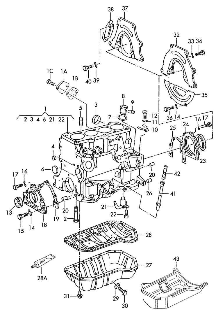 103-020 T4 (7D) 1.9TD ABL cylinder block with pistons oil sump 4-cylinder diesel eng.