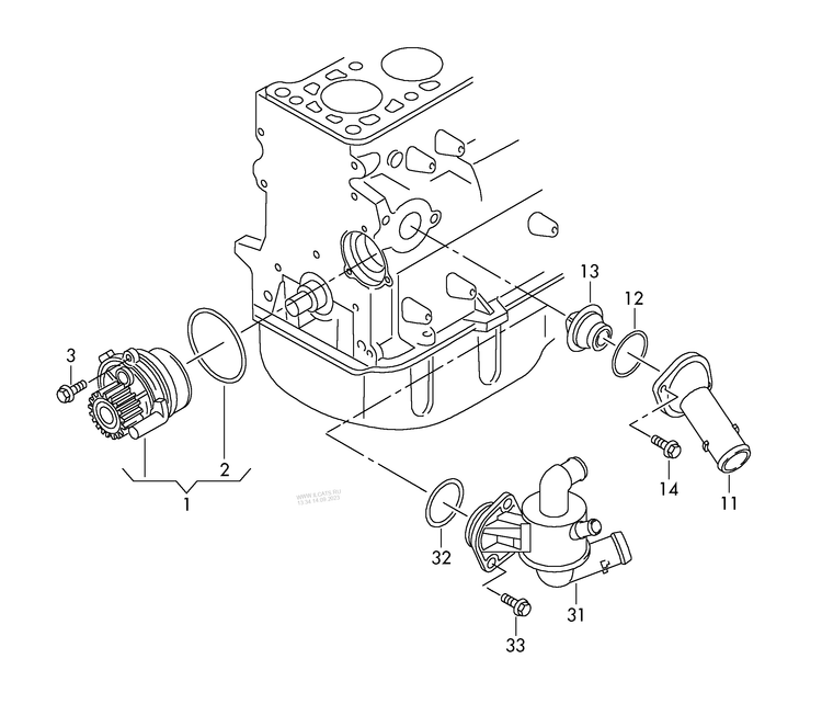 121-003B Tiguan Coolant Water pump & thermostat housing 4-cylinder+ diesel eng.+ CFFA,CFFB, CFFD,CLJA, CFGB 2.0 ltr.