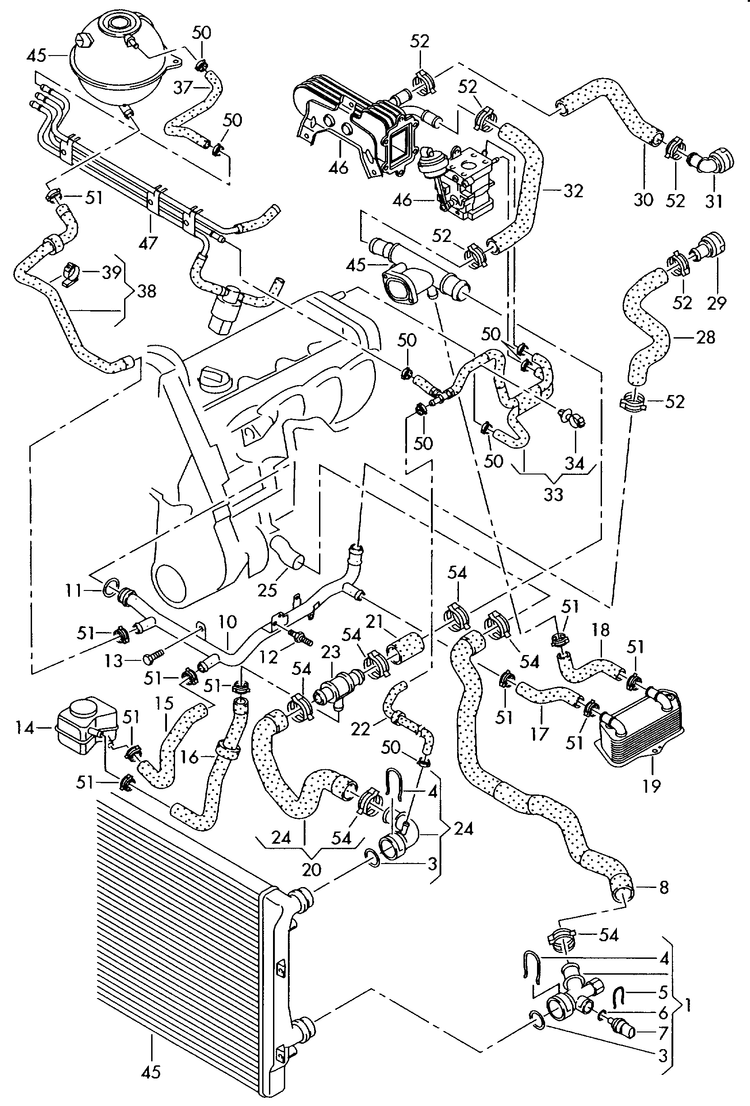 121-040 Golf MK5 (1K) 2004>2009 coolant cooling system 	4-cylinder, diesel eng.+ BKC,BRU,BXE, BXF