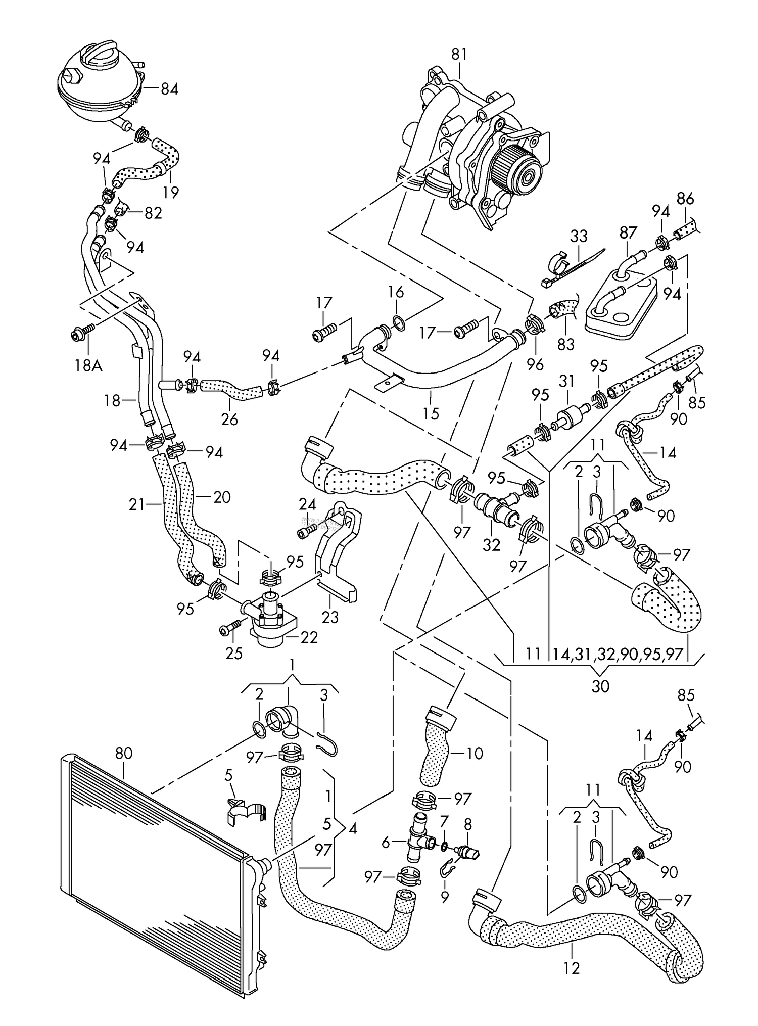 121-058 Tiguan coolant cooling system 4-cylinder+ petrol eng.+ CAWB,CAWA, CCTA,CCTB, CCZC,CCZA 2.0 ltr.