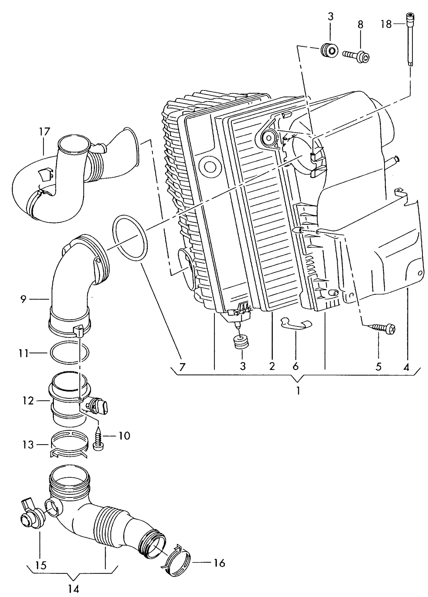 129-020 Touareg 7L air filter with connecting parts 2.5L 5-cylinder+ diesel eng.+ BAC,BLK