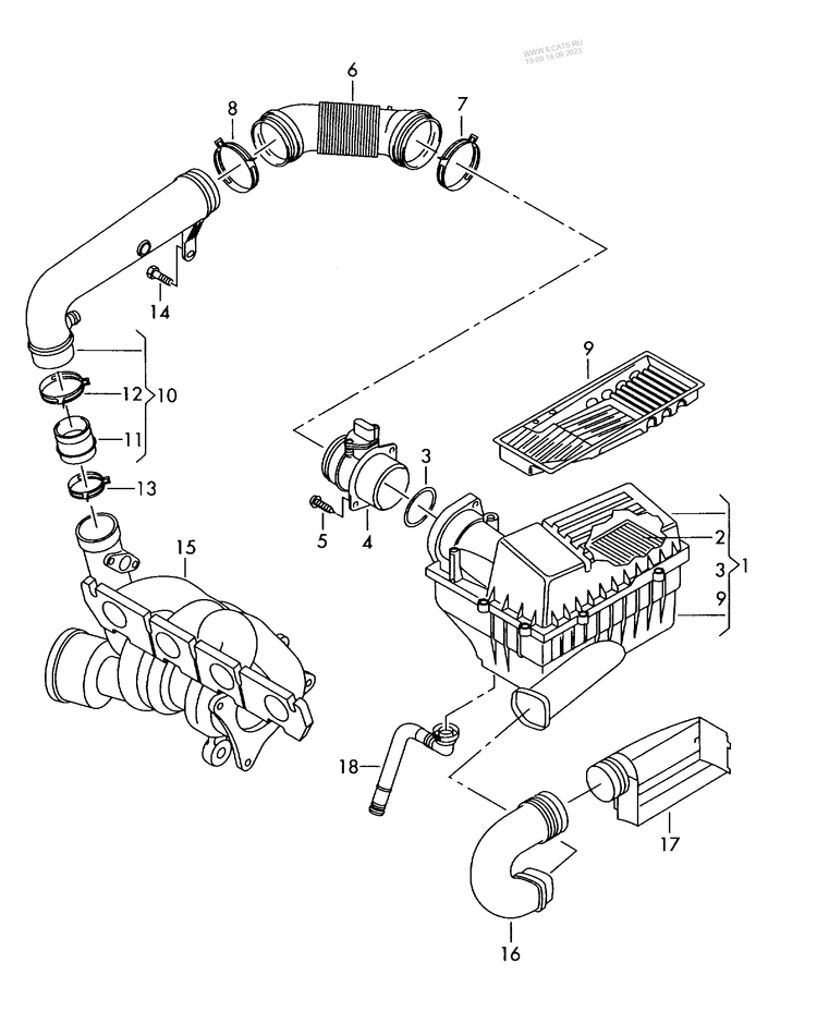 129-050 Tiguan air filter with connecting parts 4-cylinder+ CAWB,CAWA, CCTA,CCZA, CCZC 2.0 ltr.