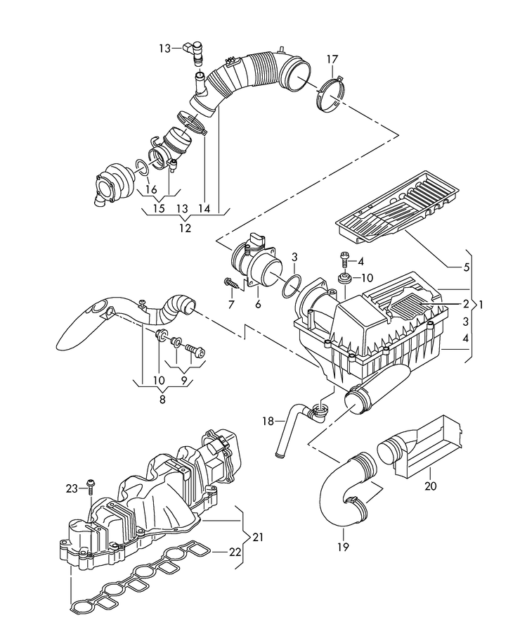 129-060 Tiguan air filter with connecting parts intake connection diesel eng.+ CBAA,CBAB, CBBB,CBBA, CFFB,CFFA, CFFD,CFGB, CLJA