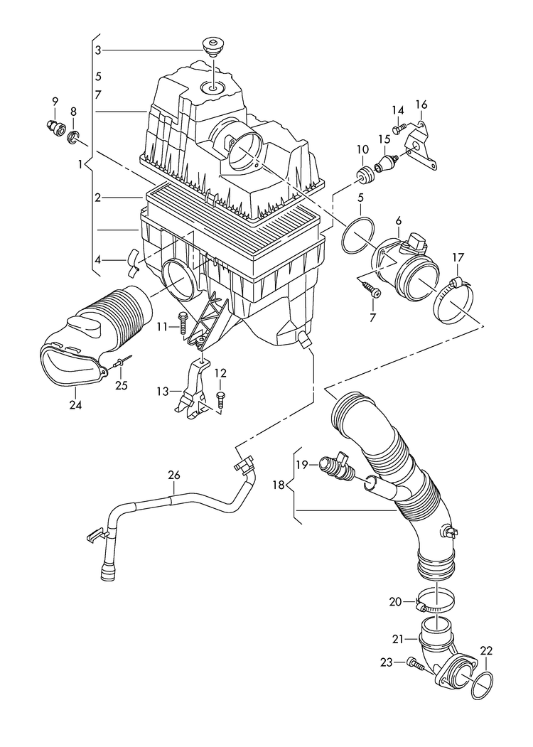 129-020 T5 air filter with connecting parts 2.5ltr. diesel eng.+ AXD,AXE,BNZ, BPC