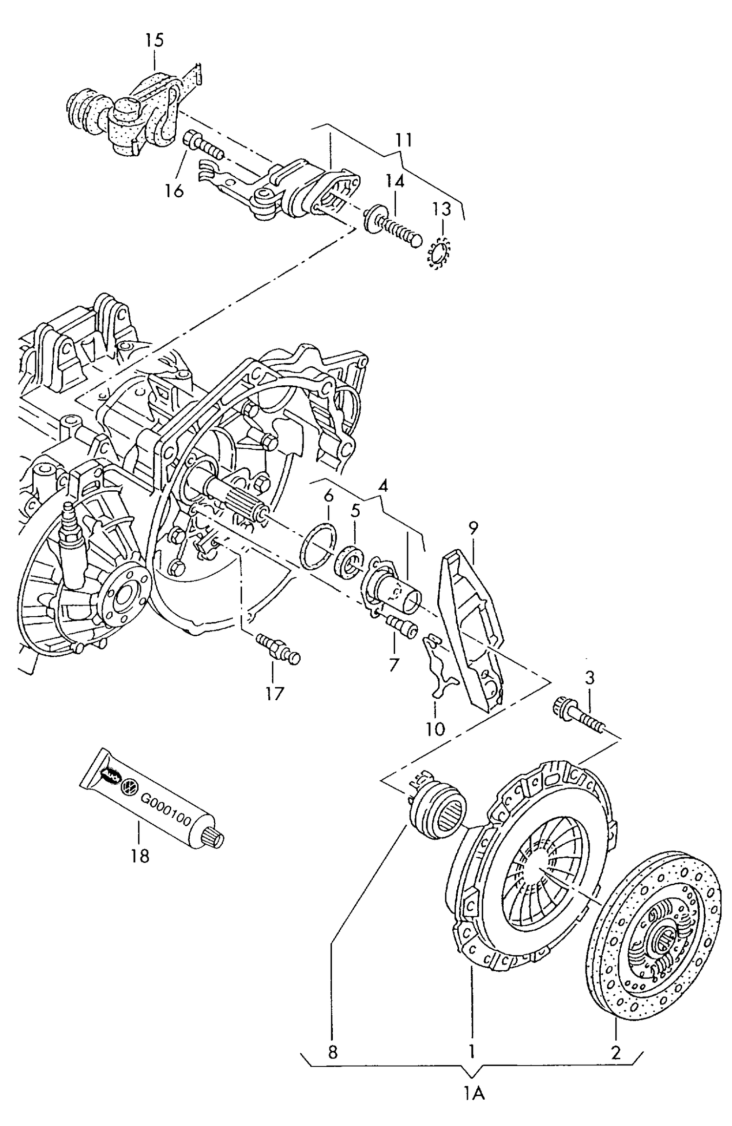 141-010 T4 7D Clutch 4-cylinder+ AAC; 5-cylinder+ ACU,AET,AEU; AEN,ACU; diesel eng./ 4-cylinder+ ABL,1X; diesel eng./ 5-cylinder+ AAB,AJA