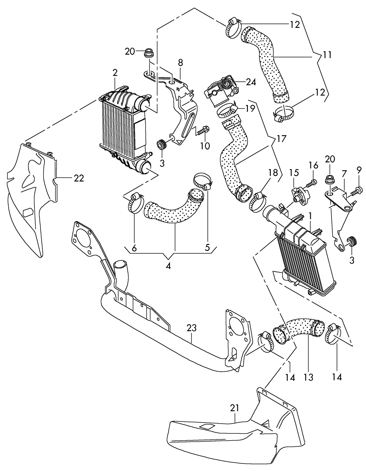 145-085 Audi A4 8E 2004>2008 Intercooler & hoses 4-cylinder+ diesel eng.+ BRD,BVA
