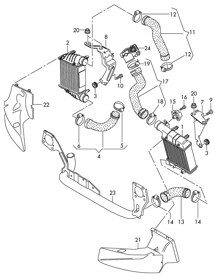 145-085 Audi A4 8E 2004>2008 Intercooler & hoses 4-cylinder+ diesel eng.+ BRD,BVA