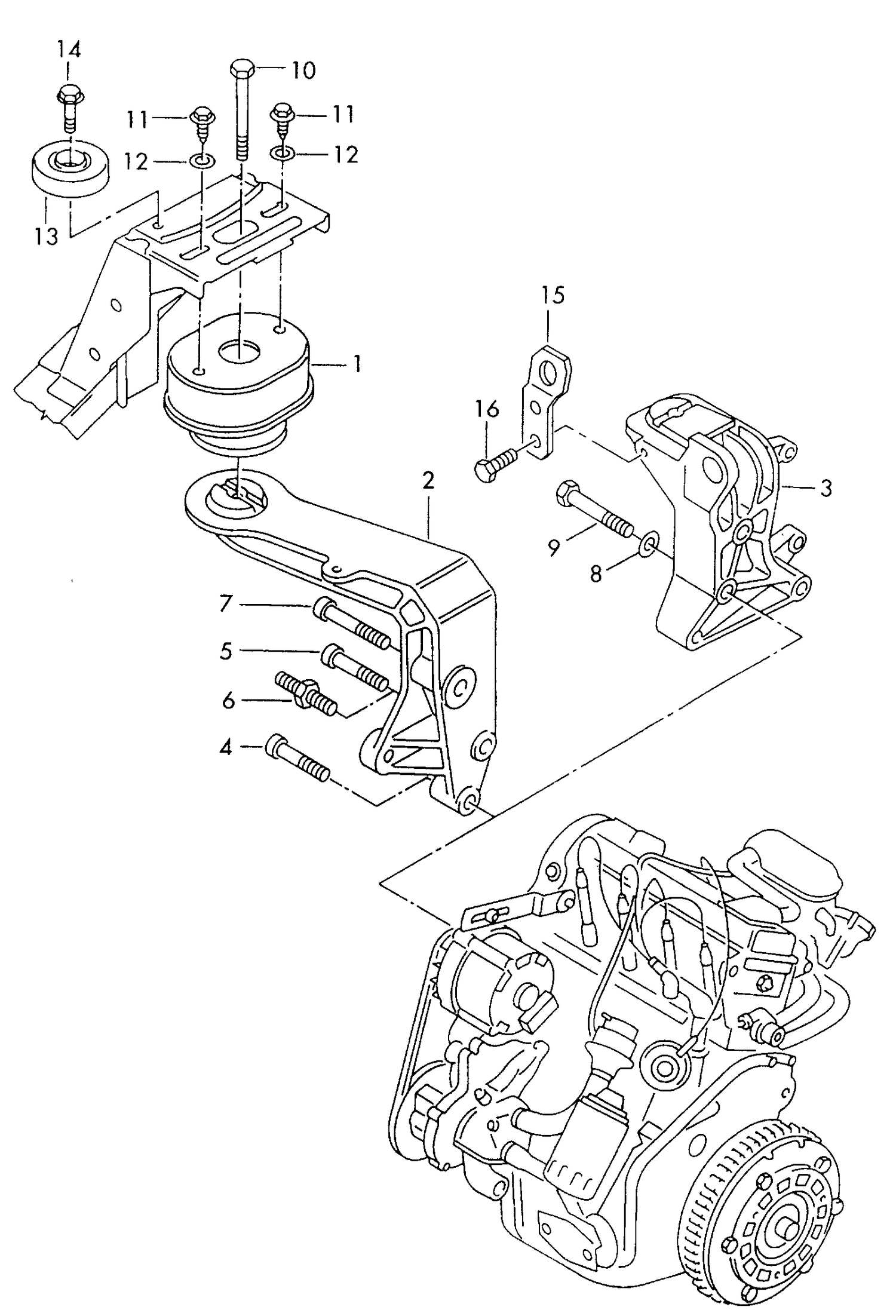199-020 T4 7D securing parts for engine 4-cylinder+ AAC,ABL, 5-cylinder+ AAB,ACV,ACU, AET,AEU, 6-cylinder+ AES
