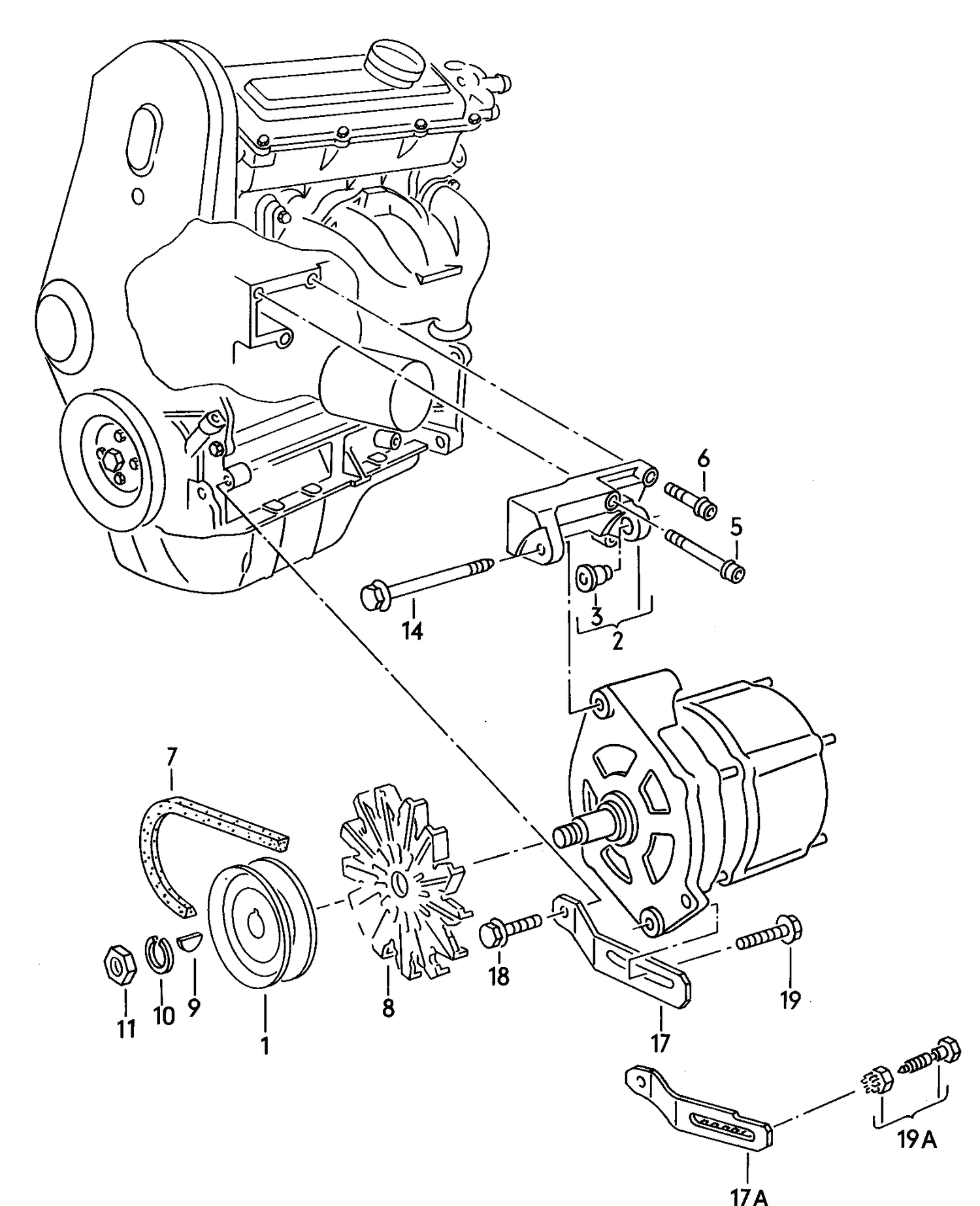 201-000 Golf mk2 connecting and mounting parts for alternator GT,MH,HZ,NZ NU,RC,SC 1.05/1.3ltr.