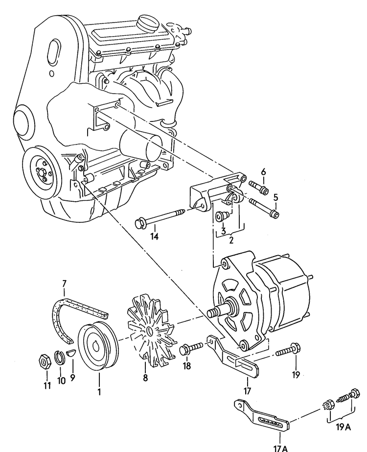 201-000 Golf mk2 connecting and mounting parts for alternator GT,MH,HZ,NZ NU,RC,SC 1.05/1.3ltr.
