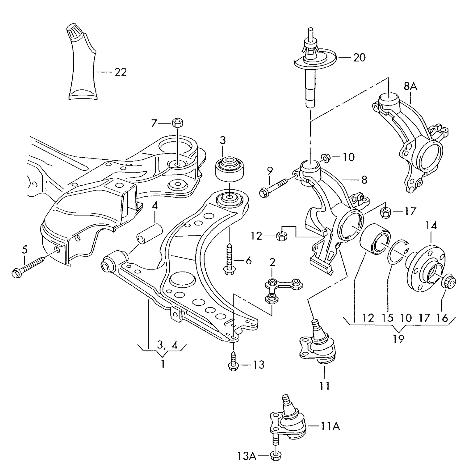 407-000 Tiguan Front wishbone / wheel bearing housing & anti-roll bar frt.-wh.dr.+ BWK,CCTA, CAVA,CAXA