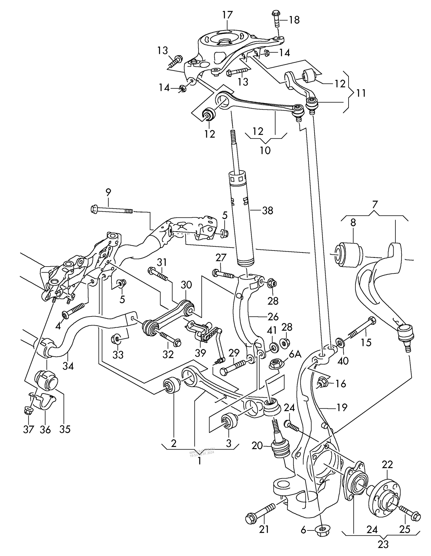407-001 Tiguan Front wishbone / wheel bearing housing & anti-roll bar frt.-wh.dr.+ CBAA,CBAB, CFFB,CFFD