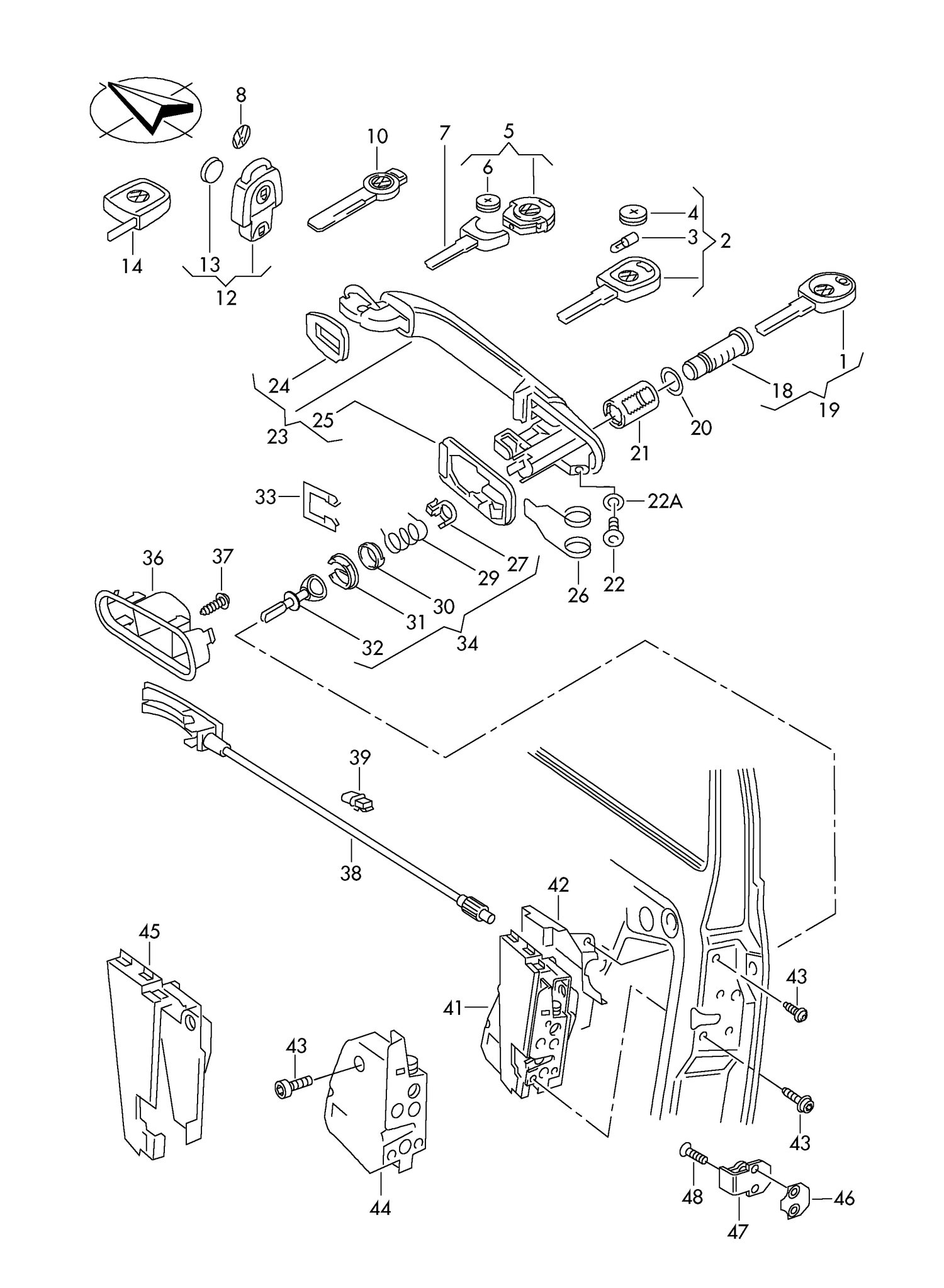 837-000 Sharan MK2 (7M) key door handle, exterior inner actuator door lock lock cylinder sets