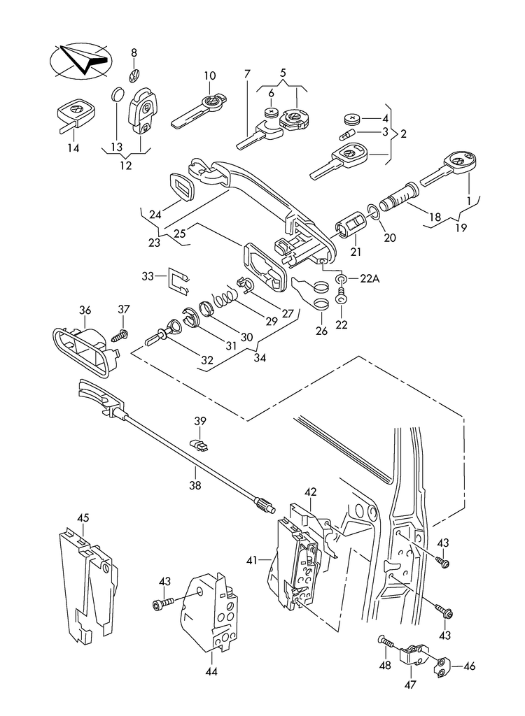 837-000 Sharan MK2 (7M) key door handle, exterior inner actuator door lock lock cylinder sets