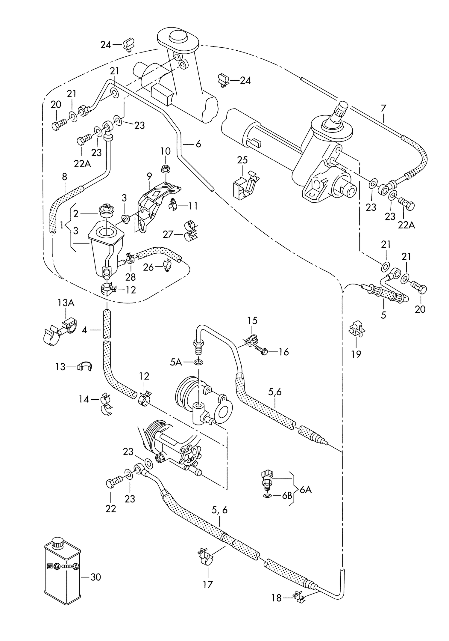 422-055 VW Polo 6N 2000>2002 oil container and connection parts, hoses for power steering 	petrol eng.+ ALD,AUC+ PR-1N1,1N5
