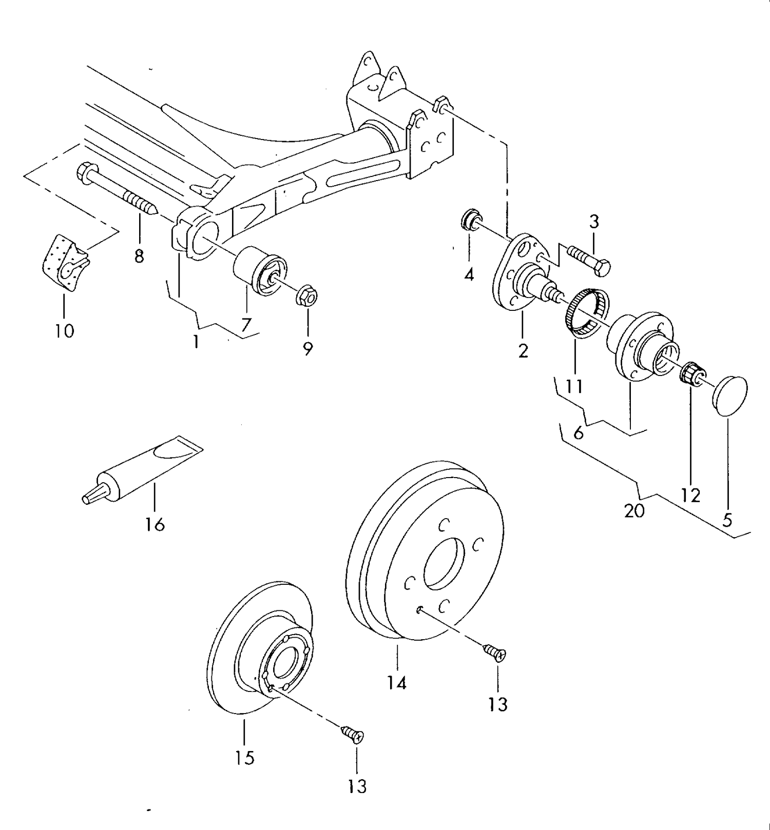 500-020 VW Polo 6N 2000>2002 rear axle beam with attachment parts