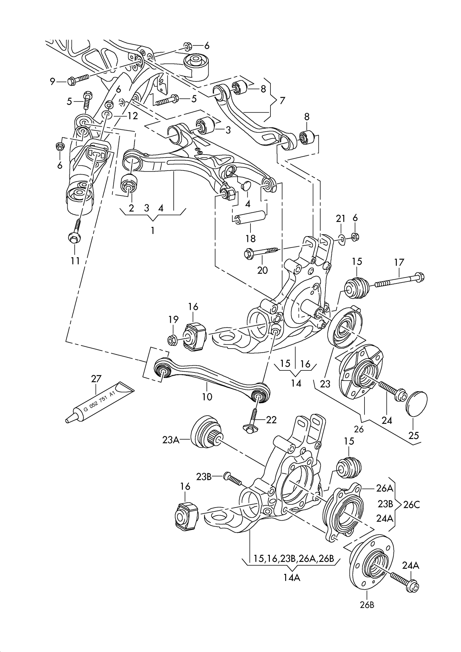 505-020 Audi A4 (8K) Rear Axle/Wishbone,Wheel bearing housing F 8K-8-002 923>> 8K-9A212 000 Frt.-wh.dr.+ Saloon+ Manual gearbox+  PR:SA6+TH3