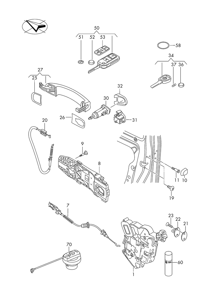 837-000 VW Golf mk7, 7.1  Front door lock inner actuator door handle, exterior PR-4F2,4K3