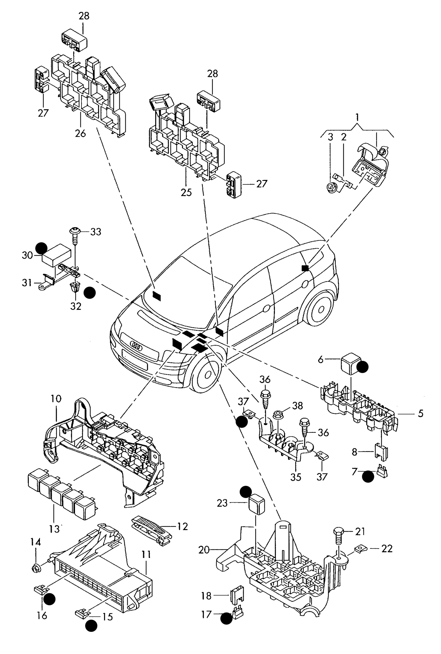 937-000 Audi A2 2000>2005 central electrics, fuse box, relay carrier, relays ‘Please select parts from links below, prices will update’
