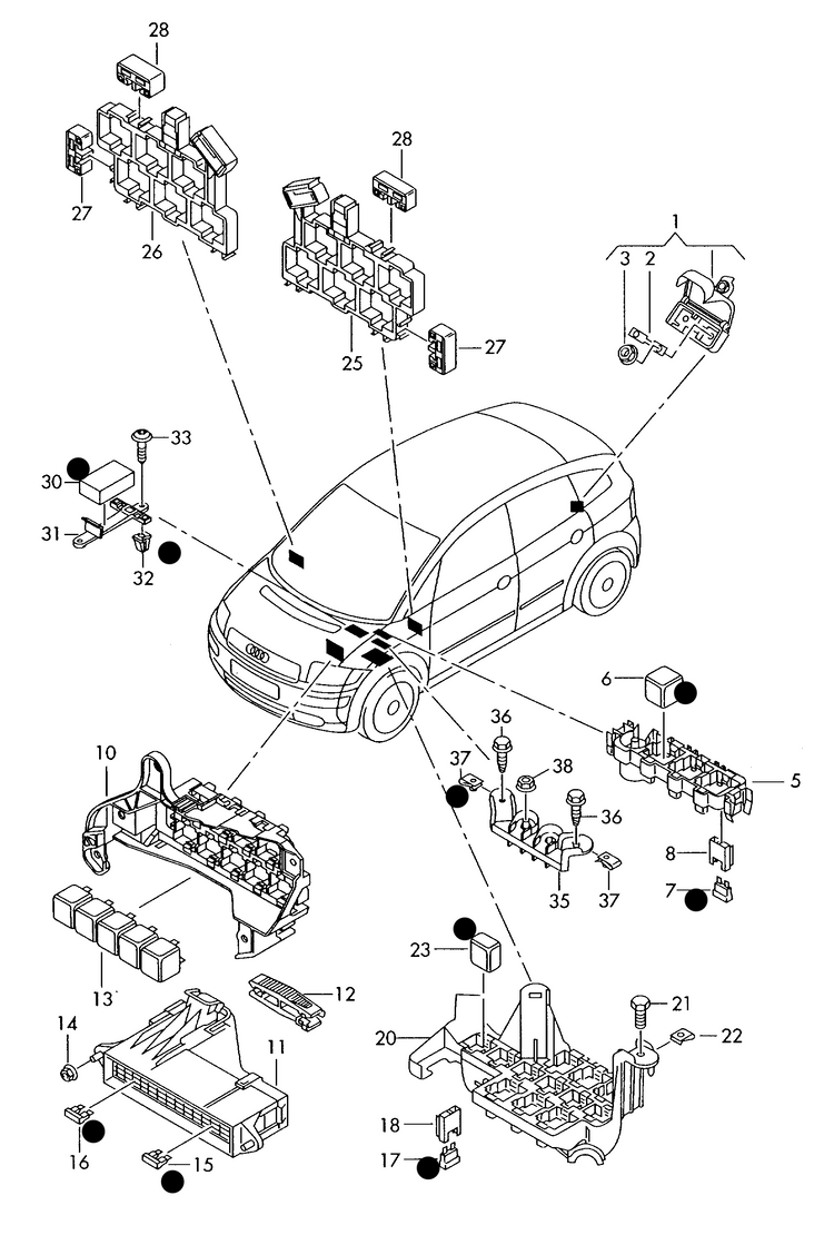 937-000 Audi A2 2000>2005 central electrics, fuse box, relay carrier, relays ‘Please select parts from links below, prices will update’