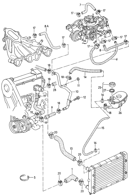 018-000 coolant hoses coolant pipe carburetor engine: EZ,GU,RF,RH, PN,ABN 1.6/1.8ltr.