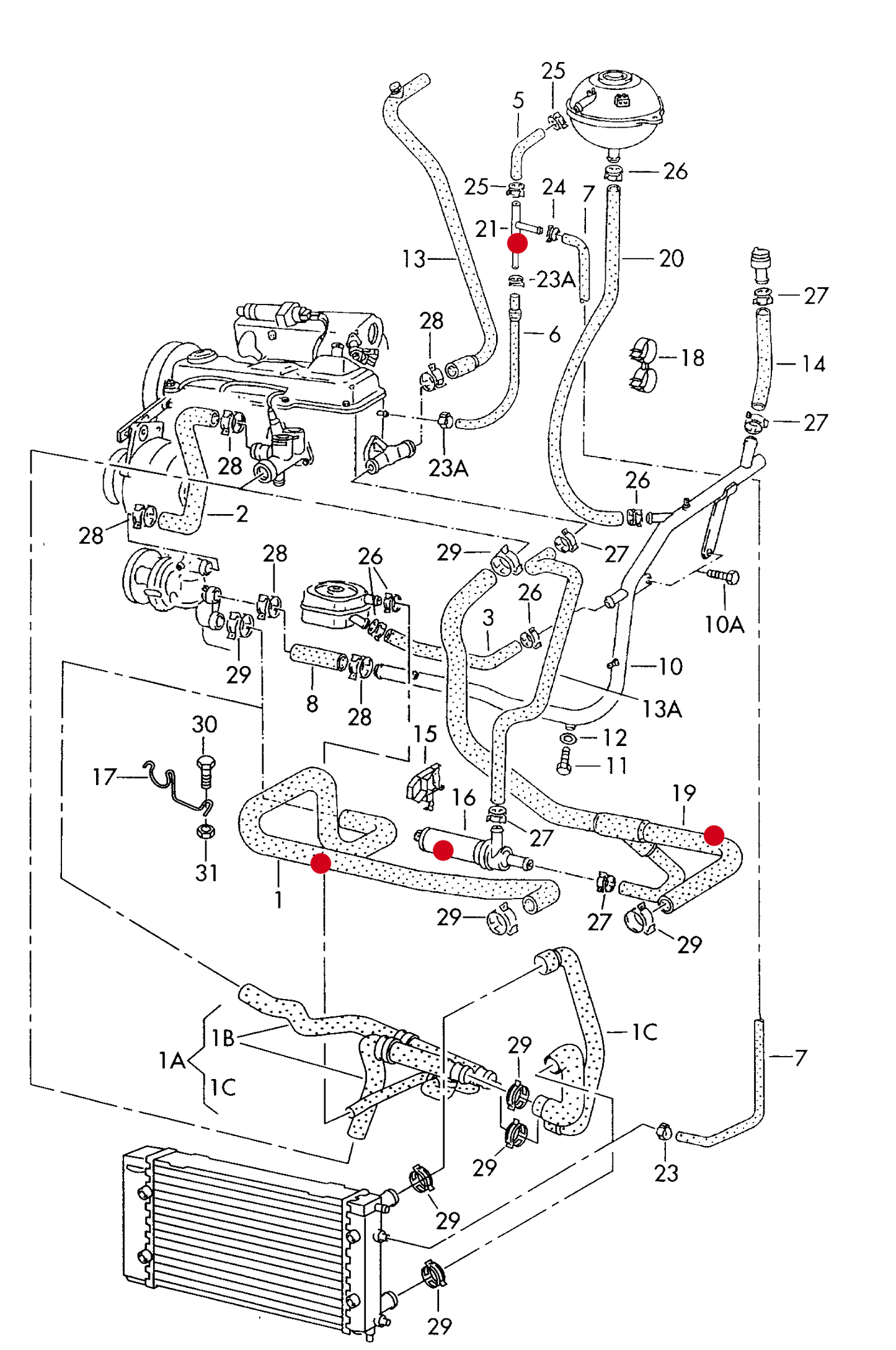 121-045 T4 1996>mid 1999 coolant hoses and F >> 70-X-080 000* see illustration: 4-cylinder+ AAC diesel eng.+ ABL