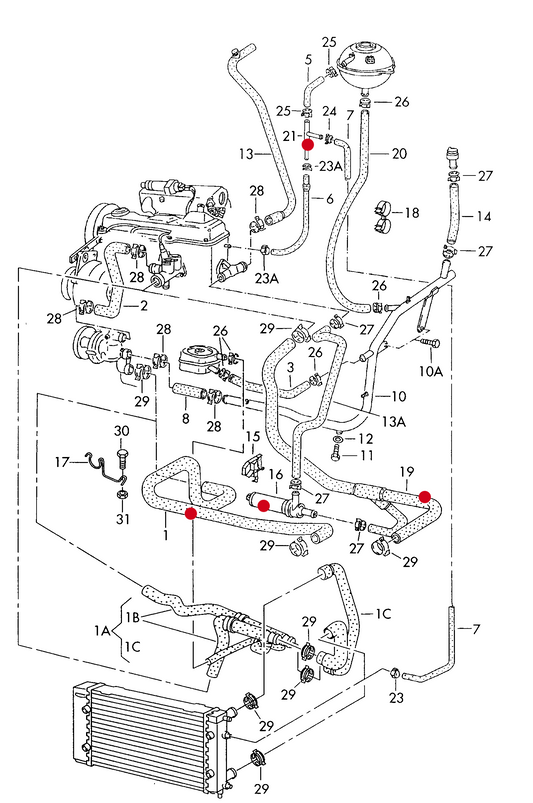 121-045 T4 1996>mid 1999 coolant hoses and F >> 70-X-080 000* see illustration: 4-cylinder+ AAC diesel eng.+ ABL