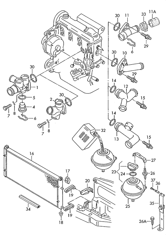 121-075 T4 1996>2003 Radiator/reservoir/flange  5-cylinder+ AET,AEU,APL, AVT, diesel eng.+ ACV,AJA,AJT, AHY,AXG,AYC, AYY, automatic+ AUF, 4-cylinder+ AAC,ABL 'Please select parts from links below-prices will update'