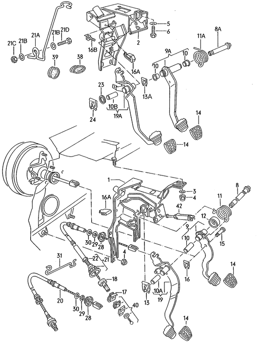 126-000 Golf mk2 brake, clutch pedal cluster, clutch cable manual gearbox