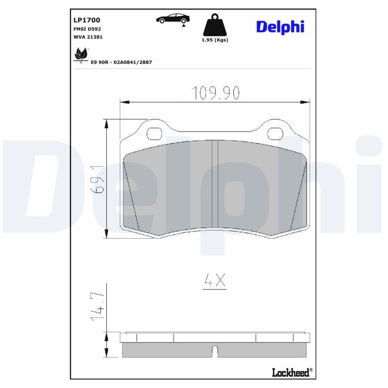1700 Delphi Front brake pad set Seat IBIZA Mk2 (6K1) | 1.8T 20V Cupra | Hatchback / S-Type Jag/Citreon D3