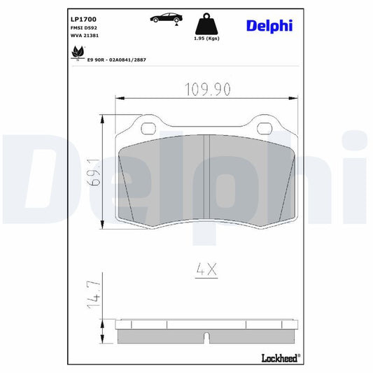1700 Delphi Front brake pad set Seat IBIZA Mk2 (6K1) | 1.8T 20V Cupra | Hatchback / S-Type Jag/Citreon D3