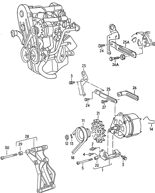 202-000 Golf mk2 connecting and mounting parts for alternator EZ,HM,EV,GZ, GX,GU,HV,HT, RF,RH,RG, 1.6/1.8ltr. engine