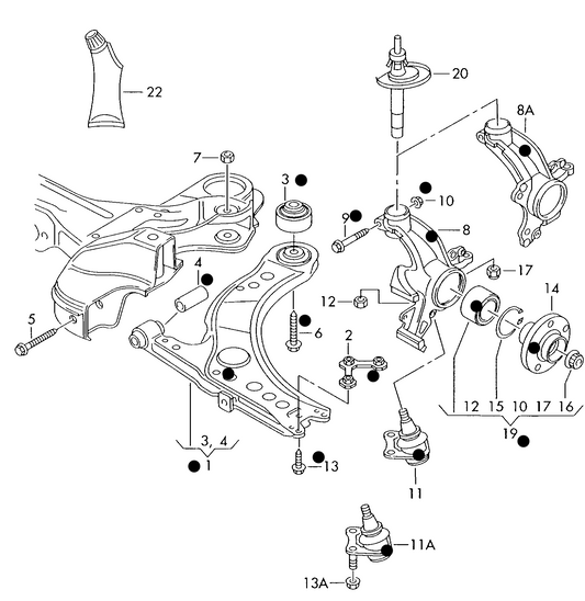 407-002 Golf mk4 (1J) Front wishbone wheel bearing housing frt.-wh.dr.+ AQM,ALH,AGR, AXR,ATD,AHF, ASV,AJM,AUY, ASZ,ARL 'Please select parts from links below-prices will update'