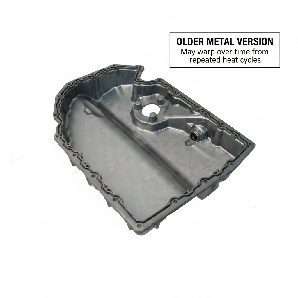 Older metal sump pan version, which may warp over time from repeated heat cycles