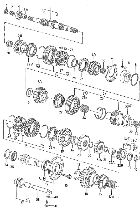 087-000 Golf mk2 gears and shafts for 5 speed manual transmiss. 4S,4T,2Y, ACD,AEN, ACN "J..": AGB,AGS 1.6/1.8ltr.