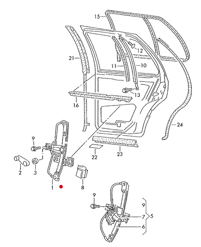 (1) 103157 TOPRAN Window Winder Mech-Offside Rear Golf mk3 92> Hatch manual