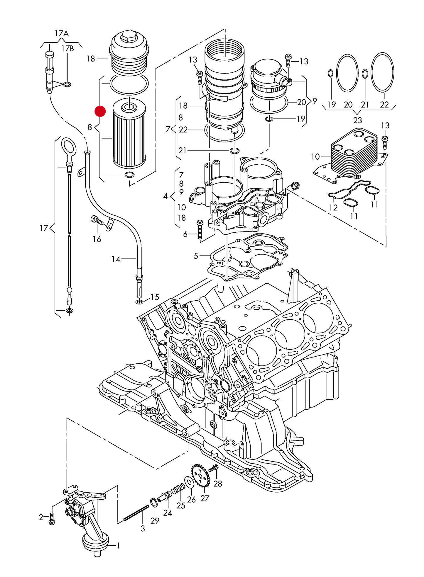 (8) 110459 BOSCH Oil Filter Various VAG 2.7TDI/3.0TDI engine 03>08 including 6-cylinder/ diesel eng.+ BKS