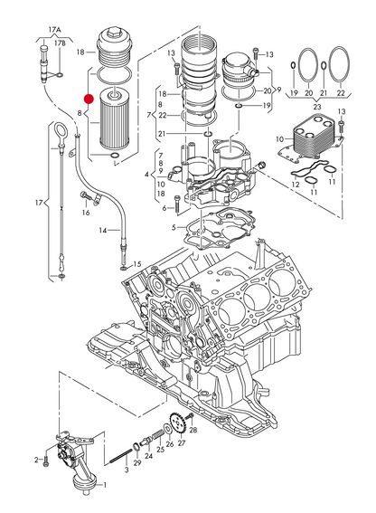 (8) 110459 BOSCH Oil Filter Various VAG 2.7TDI/3.0TDI engine 03>08 including 6-cylinder/ diesel eng.+ BKS